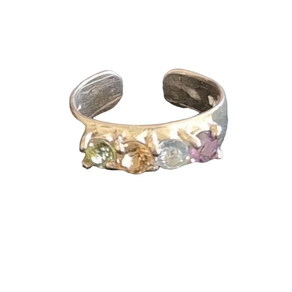 Vintage Sterling Silver Adjustable Rainbow Gemstone Ring Women's Jewelry